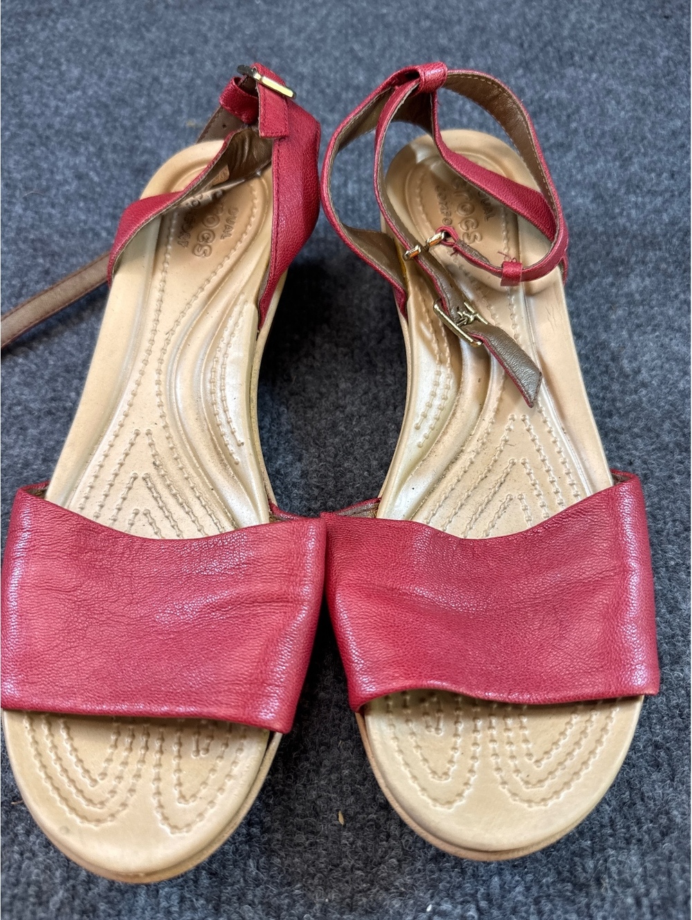 Crocs Women’s Red Leather Ankle Strap Wedge Sandals Open Toe Comfort Shoes